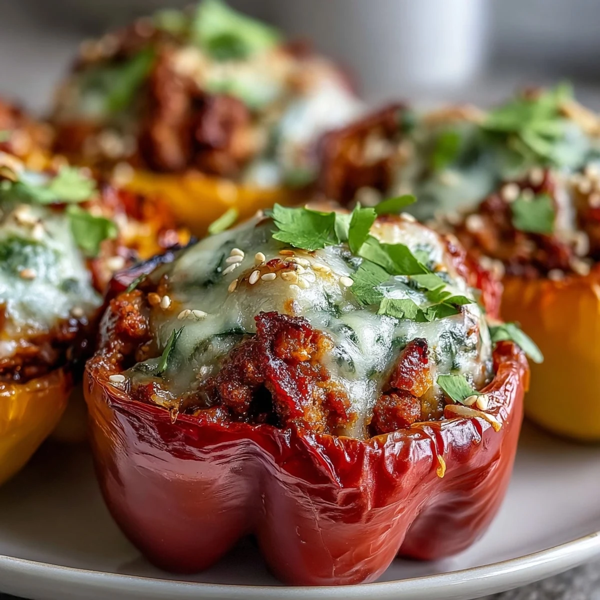 Golden-baked Korean-Style Turkey Stuffed Sweet Peppers are bubbling with melted mozzarella and savory filling.