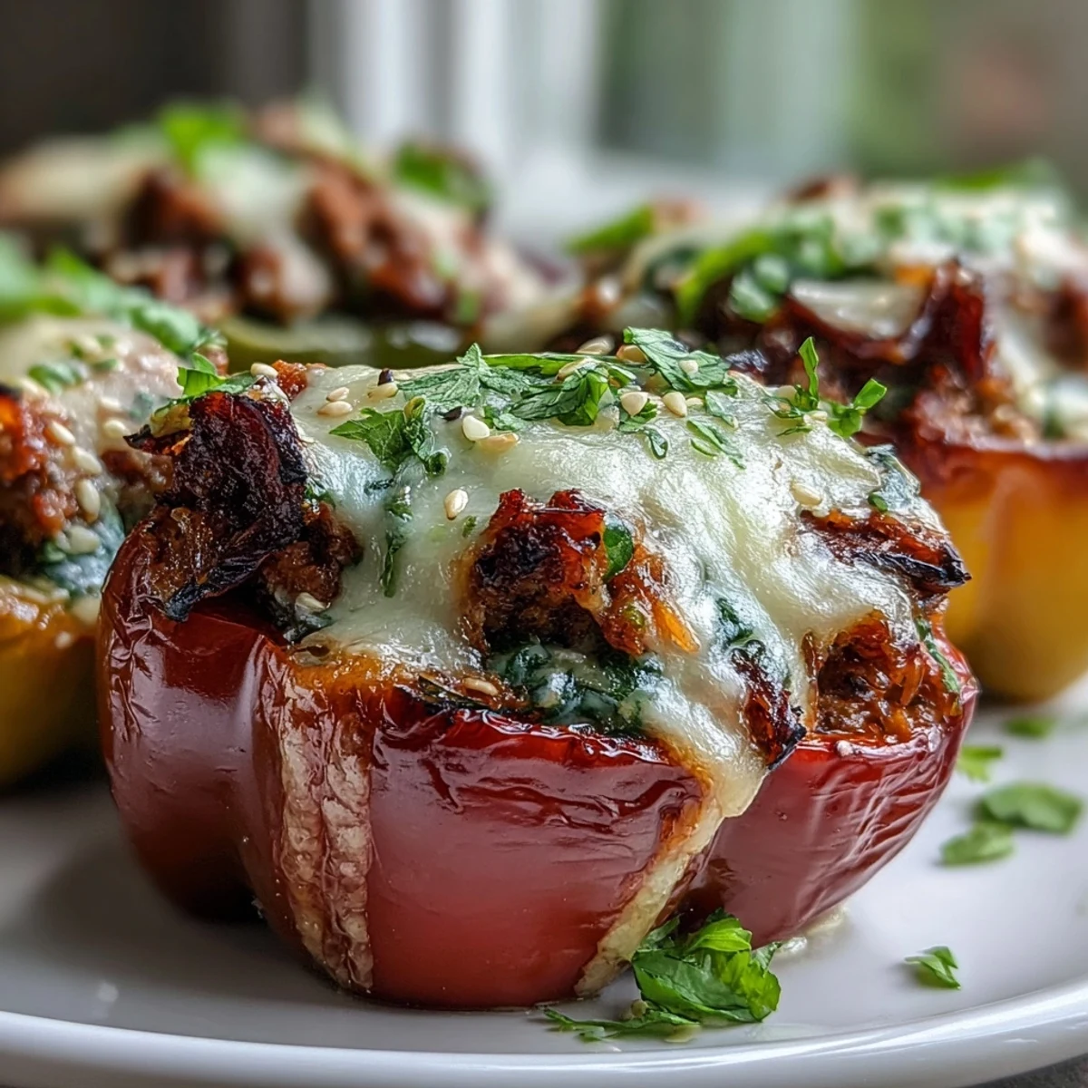 Tender mini peppers cradle seasoned Korean-Style Turkey Stuffed Sweet Peppers with vibrant carrot and herbs.