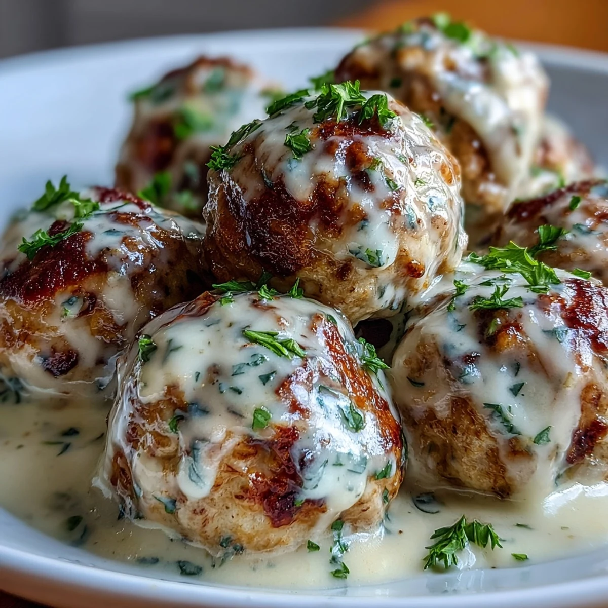 Golden-brown Creamy Garlic Ranch Turkey Meatballs simmer in a rich, garlicky cream sauce inside a skillet.