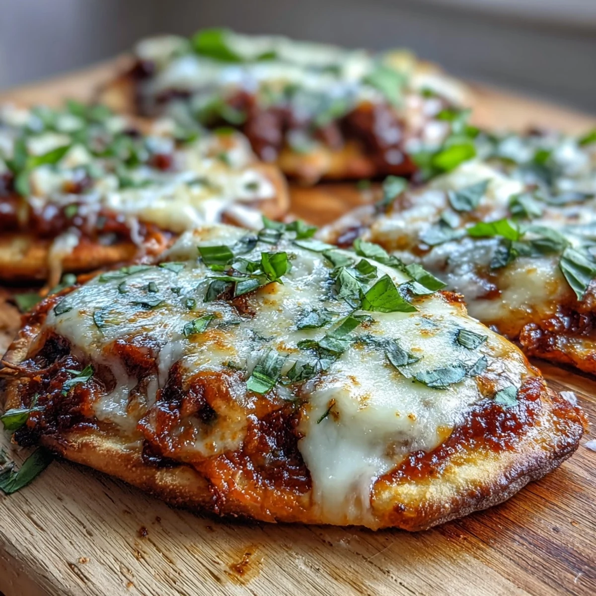 Golden, bubbly mozzarella melts over a crisp-edged garlic naan crust, topped with vibrant fresh basil leaves.