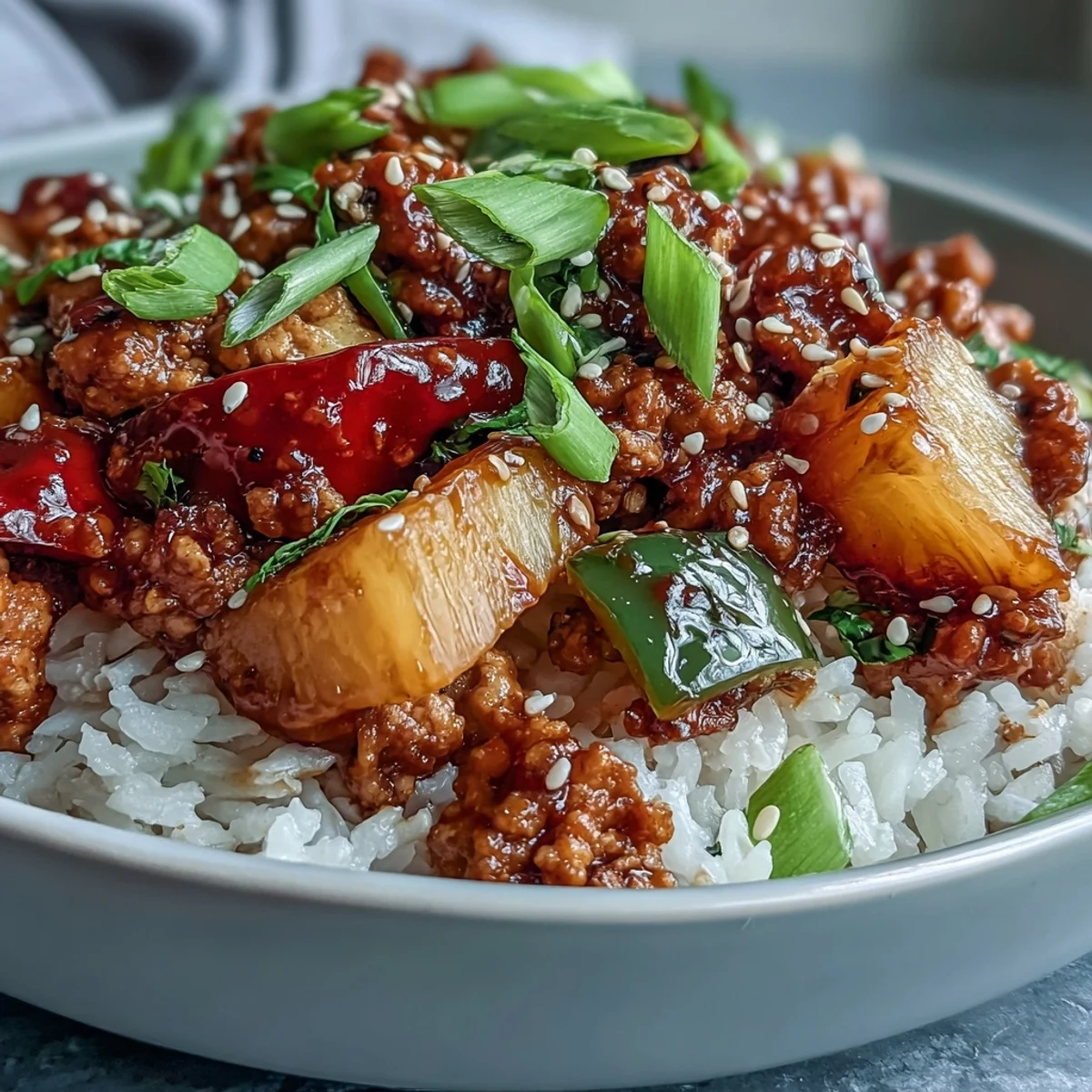 A hearty serving of Sweet-and-Sour Turkey Rice Skillet in a bowl, showcasing the savory ground turkey and vibrant veggies ready to eat.