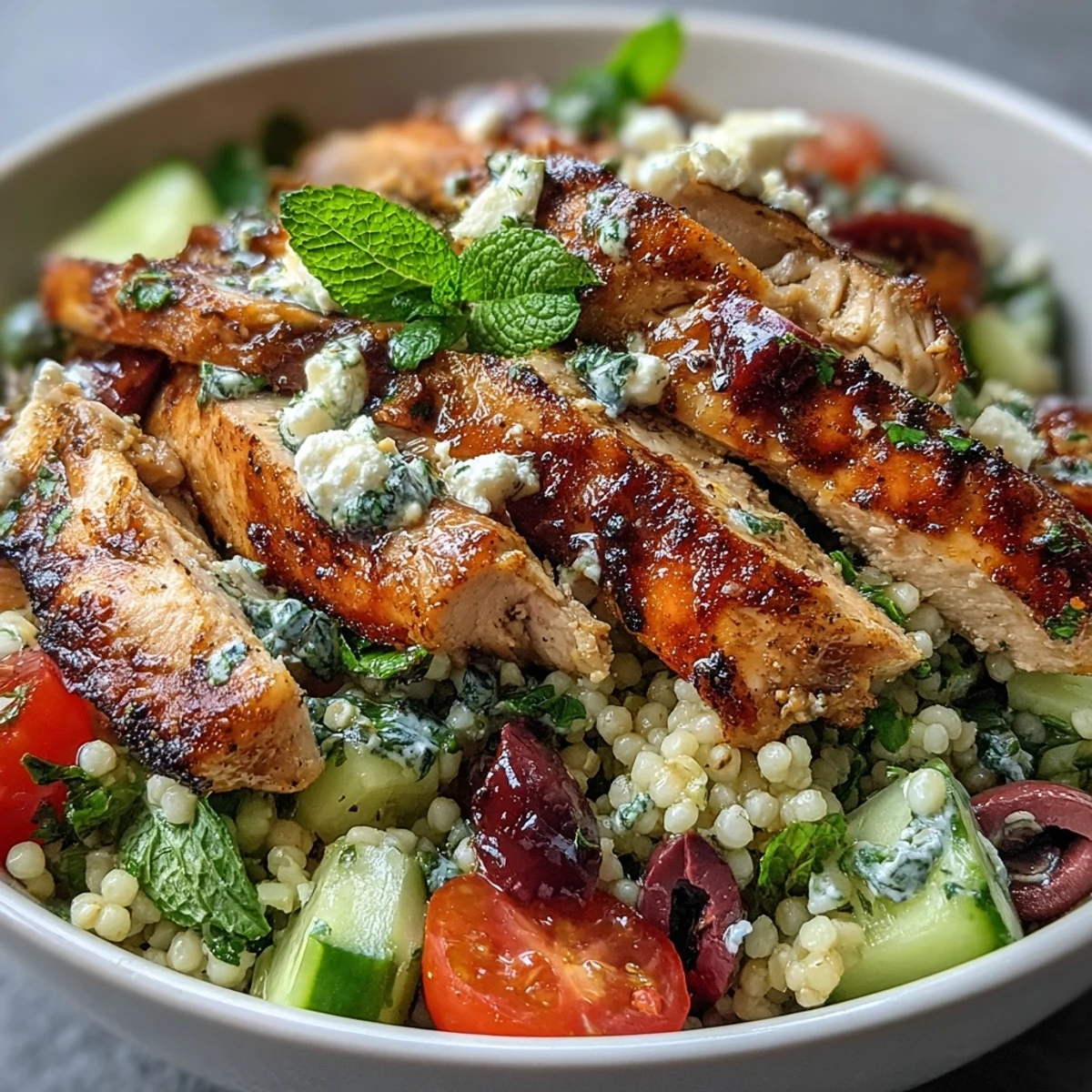 Freshly cooked lemon-garlic chicken strips rest on a bed of herby Mediterranean Pearl Couscous Chicken Bowls, garnished with crumbled feta.