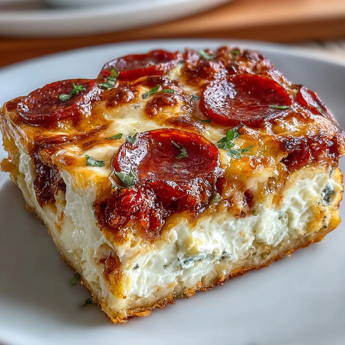 Freshly baked High-Protein Pizza Breakfast Casserole with golden bubbly cheese and turkey pepperoni right out of the oven.