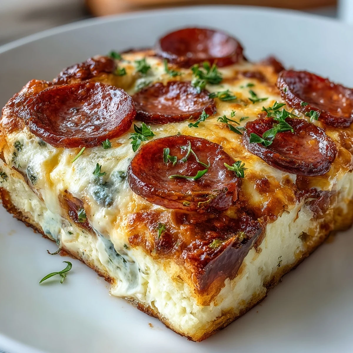 Served High-Protein Pizza Breakfast Casserole with a side of marinara sauce for dipping, perfect for a healthy morning meal.