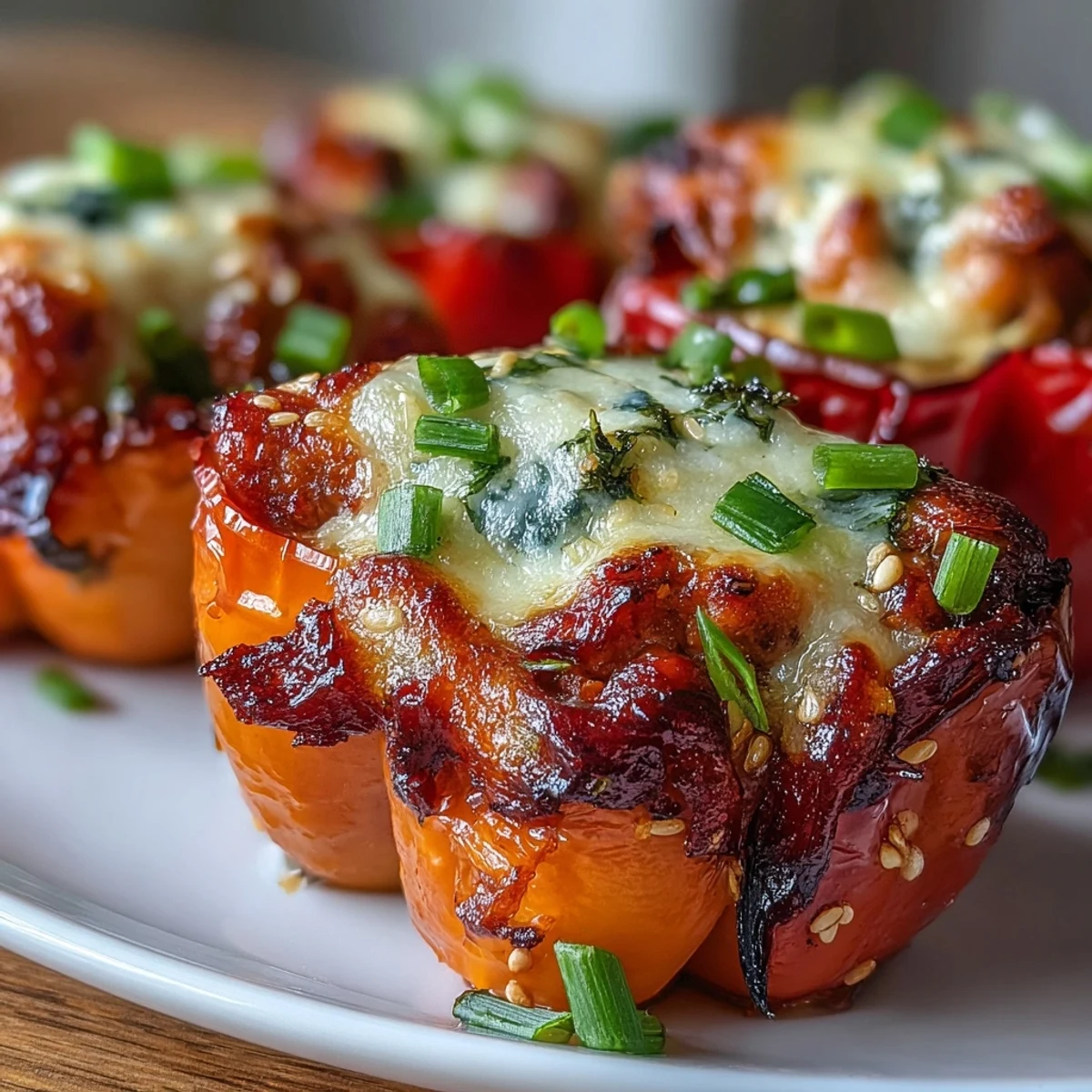 Twelve vibrant mini peppers filled with savory Korean-spiced ground turkey and topped with golden, bubbly mozzarella cheese. The peppers are arranged on a baking sheet, ready to be served as a colorful main dish or appetizer. A drizzle of sesame oil and fresh green onions garnish the top.