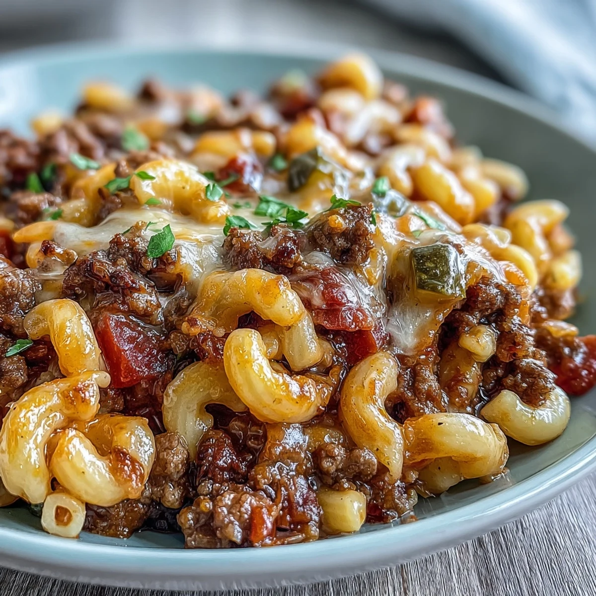 Steam rises from a skillet of One-Pan Cheeseburger Chili Mac topped with melted cheddar and fresh chives.