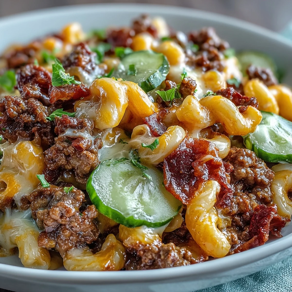 Cheesy and hearty One-Pan Cheeseburger Chili Mac served hot in a bowl with extra sharp cheddar on top.