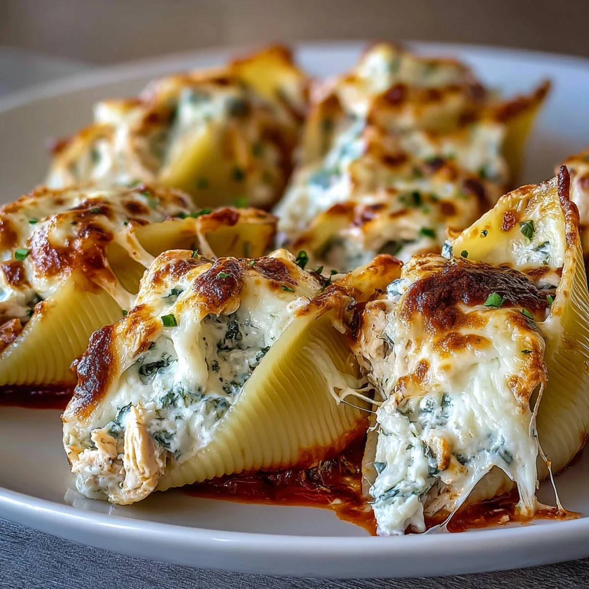 Close-up of Pesto Chicken Stuffed Shells Lite garnished with fresh basil and melted mozzarella, a comforting Italian dinner.