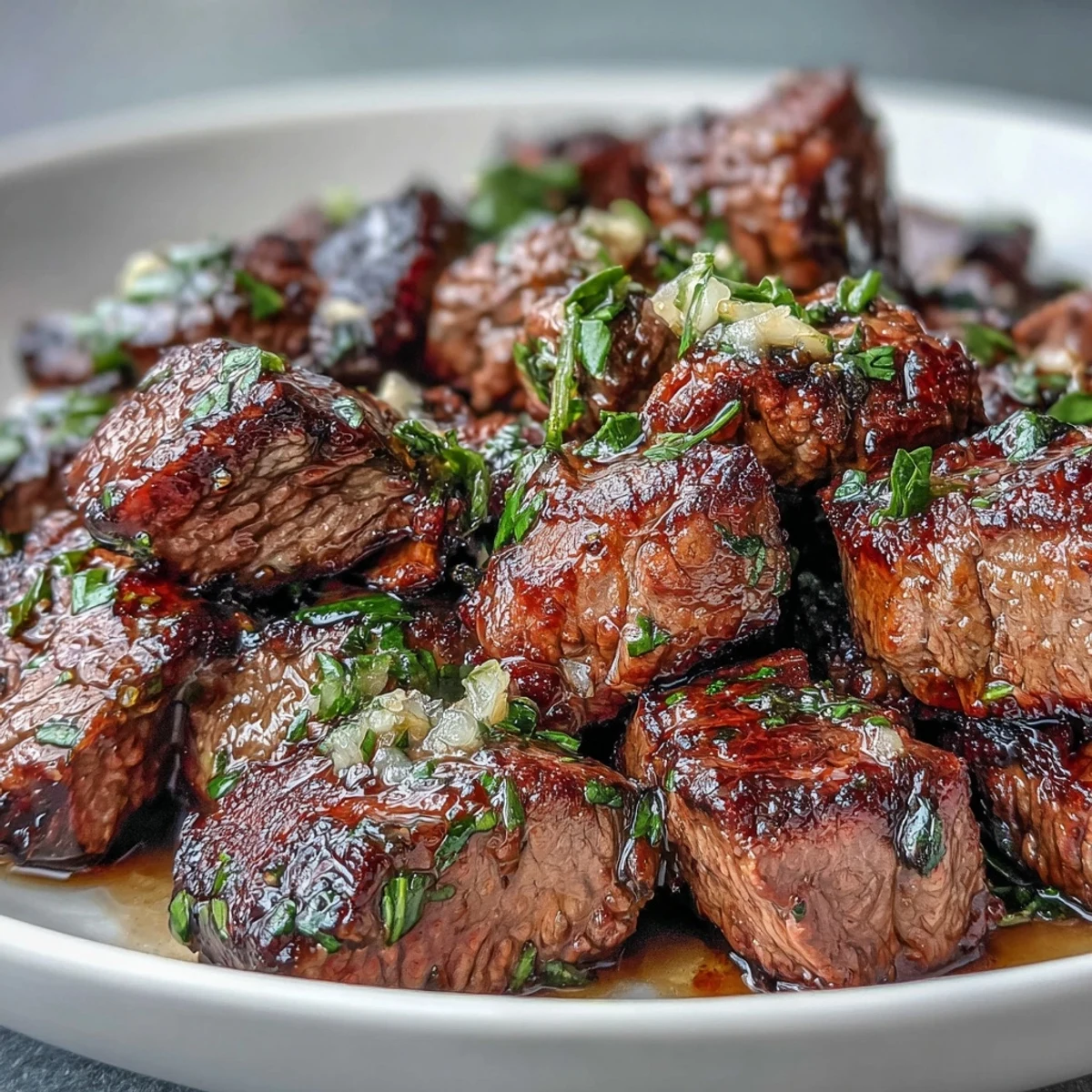 Juicy steak bites glazed in lemon garlic butter on a plate with crisp, golden roasted Brussels sprouts. 