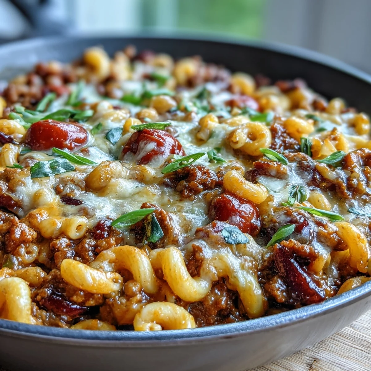 One-Pan Cheeseburger Chili Mac served steaming hot from the skillet, topped with melted cheddar, diced pickles, and fresh herbs.