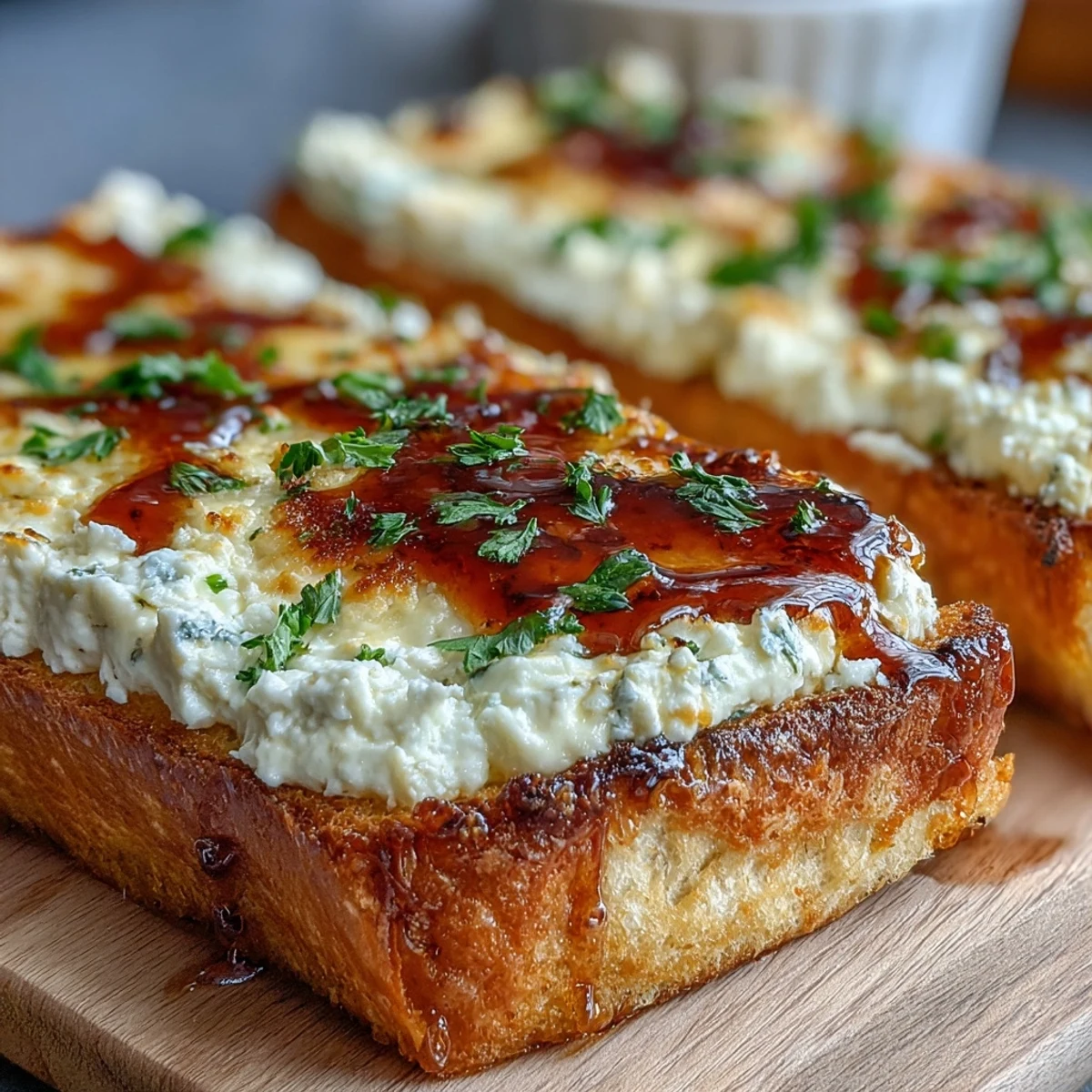 Golden, crispy slices of Hot Honey Ricotta Garlic Bread topped with creamy ricotta spread and glistening, spicy-sweet hot honey drizzle.