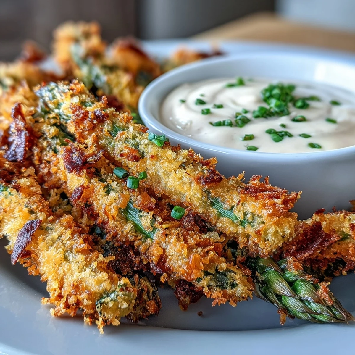 Close-up of Crispy Chili-Garlic Asparagus Fries highlighting golden panko crust and spicy chili flakes, ready to eat.