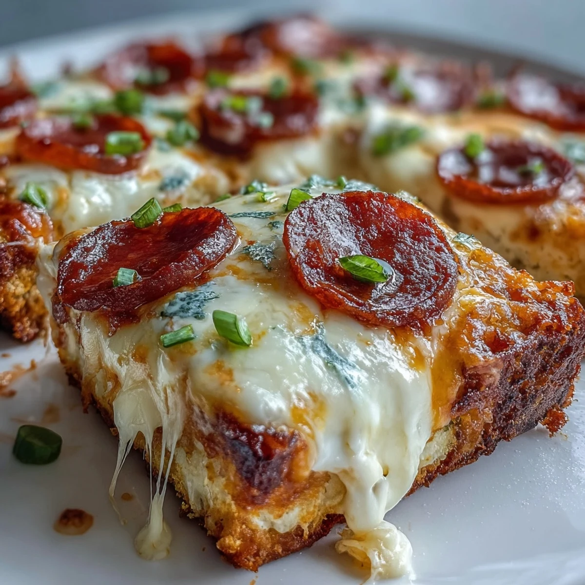 Close-up view of High-Protein Pizza Breakfast Casserole revealing fluffy egg layer, cheddar cheese, and turkey pepperoni on a Greek yogurt dough base.