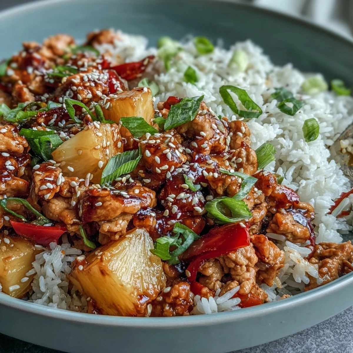 Steaming Sweet-and-Sour Turkey Rice Skillet served in a skillet, garnished with scallions and sesame seeds, perfect for a weeknight dinner.