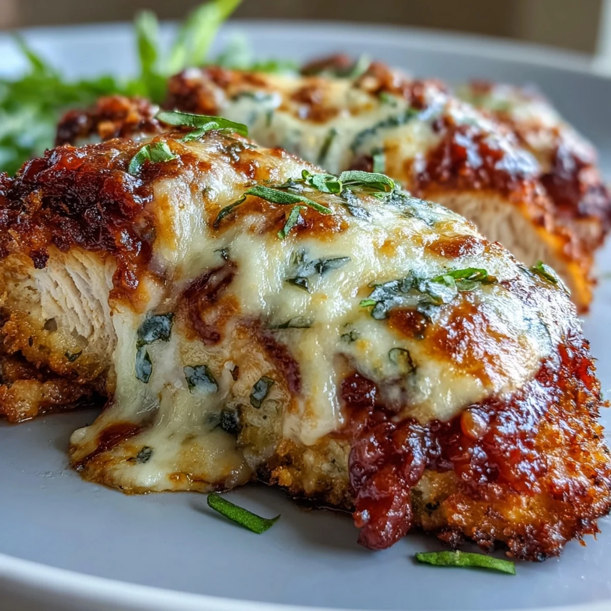A golden-brown baked chicken breast coated in almond flour and Parmesan, topped with sugar-free marinara and melted mozzarella cheese.