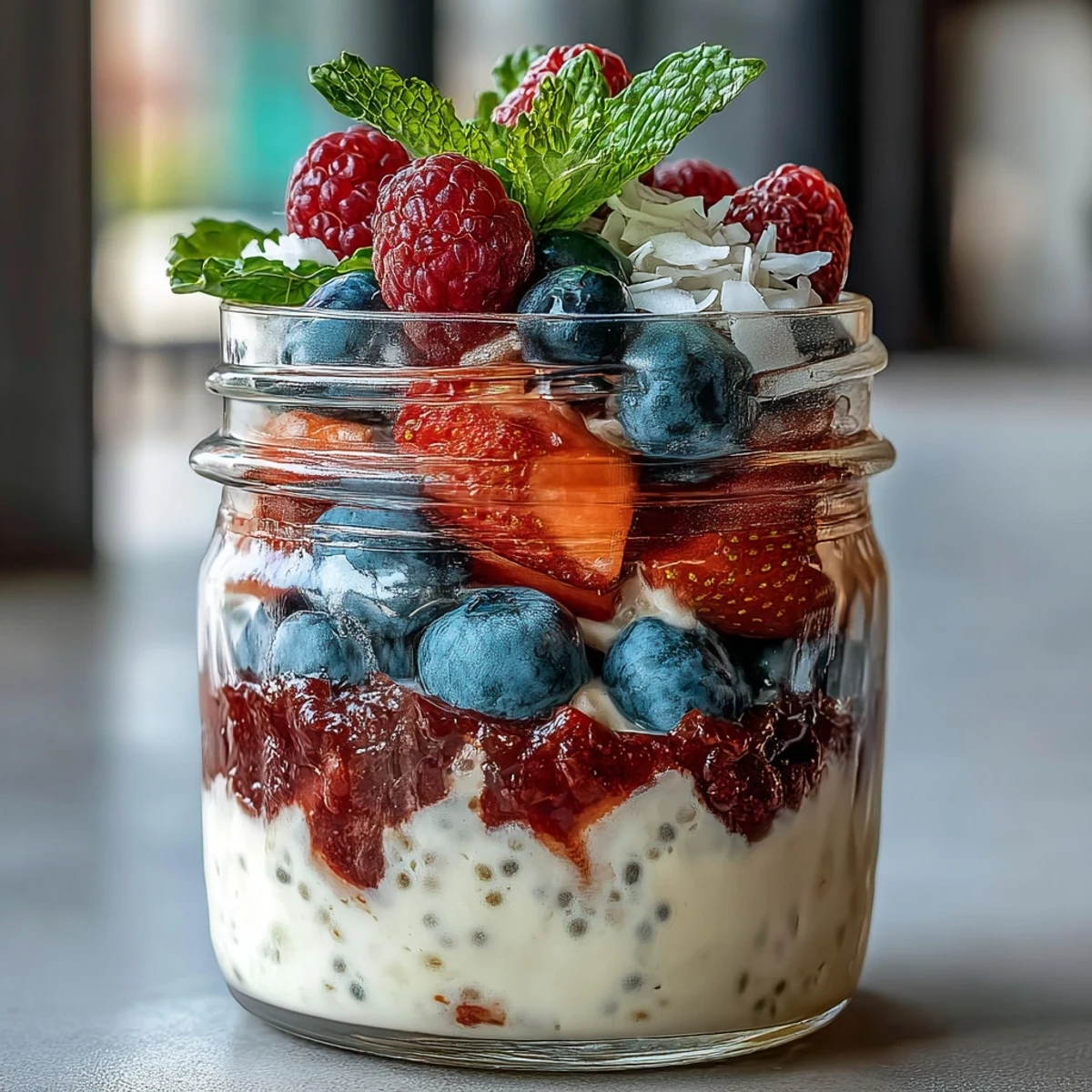 Creamy chia pudding layered with fresh strawberries, blueberries, and raspberries in meal prep cups.  