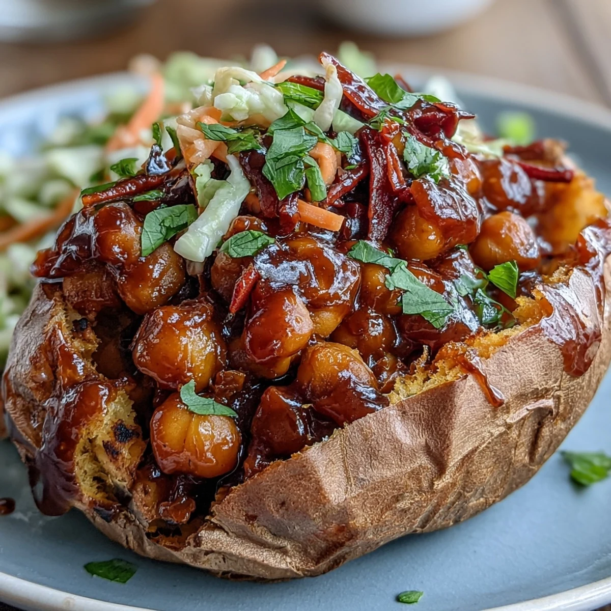 Vegan BBQ Chickpea Stuffed Sweet Potatoes topped with tangy red cabbage slaw for a colorful, plant-based dinner.  