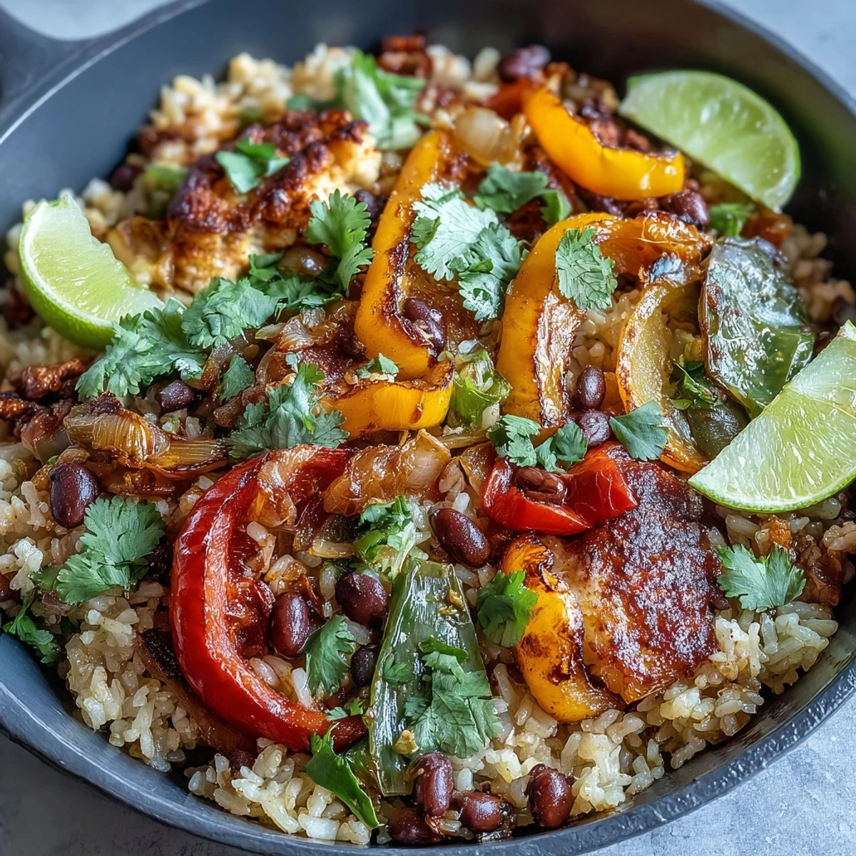 Colorful one-pan vegan fajita rice skillet with bell peppers, black beans, and smoky spices, garnished with fresh cilantro and lime.