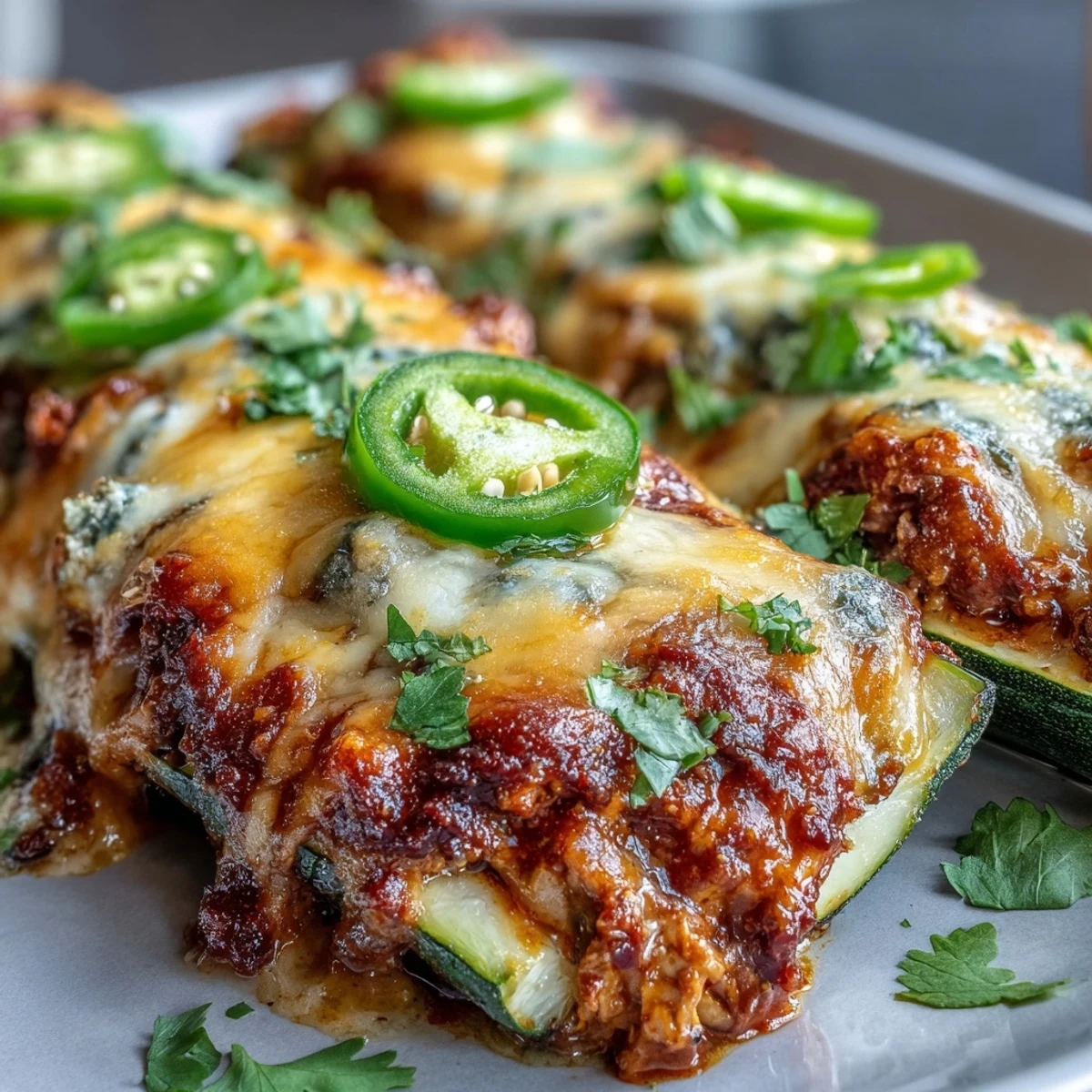 Cheesy Chicken Enchilada Zucchini Boats - low-carb zucchini boats filled with flavorful shredded chicken, rich enchilada sauce, and bubbling melted cheese.