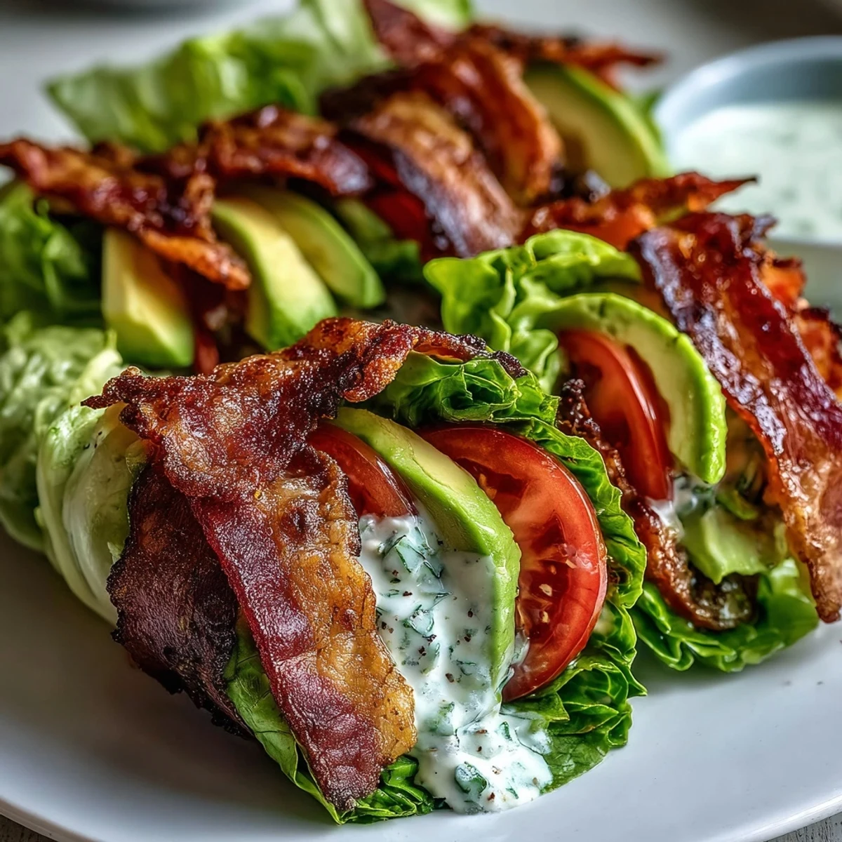 Fresh lettuce wraps filled with crispy bacon, juicy tomatoes, creamy avocado, and zesty garlic mayo, topped with cracked black pepper.