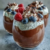 Glass dessert cups display alternating dark chocolate chia pudding and airy coconut whip layers. Fresh raspberries, strawberries, and shaved vegan chocolate top the Vegan Chocolate Chia Pudding Parfaits.