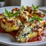 Tender jumbo pasta shells stuffed with creamy pesto chicken filling, paired with a crisp green salad for a complete meal.
