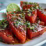 Vibrant watermelon wedges topped with Tajin chili-lime seasoning and fresh lime juice for a refreshing beach snack.  