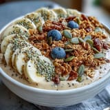 Creamy high fiber smoothie bowl bright with banana, seeds, and granola.