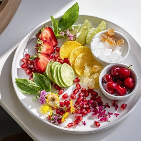 Festive Champagne Bar Garnishes: a colorful display of fresh fruits, herbs, and sugar cubes.