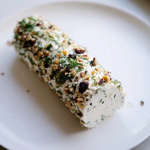 Winter Snowdrift Goat Cheese Log, a creamy goat cheese appetizer with a festive herb and nut coating.