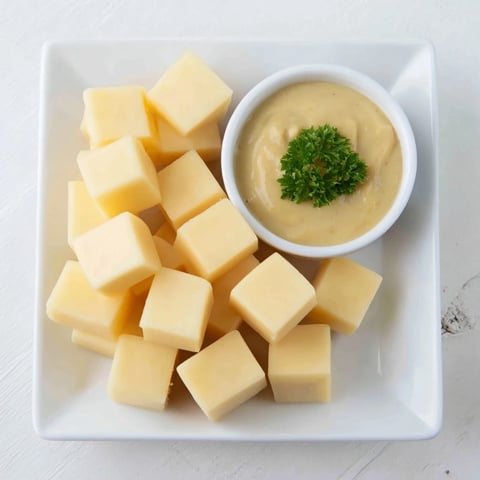 Creamy Gouda cubes and a golden mustard dip star in this elegant cheese platter, ready to serve.