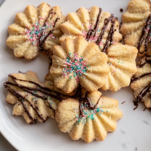 Buttery Spritz Cookies in layered fans, sprinkled with festive sugar, ready for holiday celebrations.
