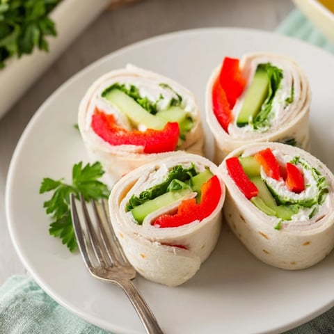 Stack of rolled turkey roll-ups, vibrant with red pepper and green chives, ready to serve.