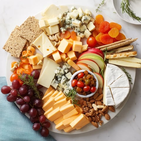 A bountiful Housewarming Open House Spread with cheeses, fruits, and crackers perfect for grazing.