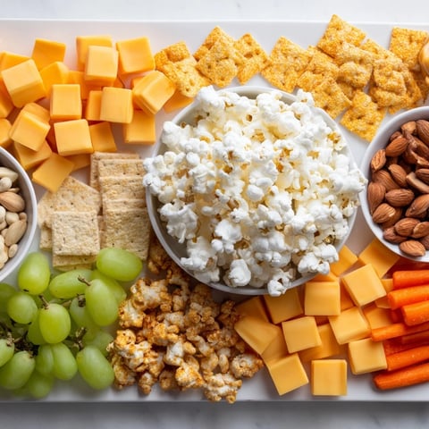 Movie Night Munchie Board featuring colorful popcorn surrounded by tempting sweet and savory snacks.