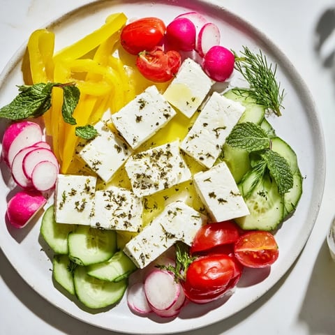 Bright sun-drenched patio mezze platter with feta, fresh veggies, and creamy dips, ready to serve.