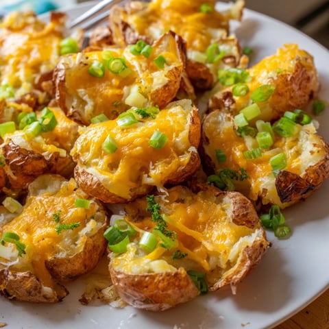Crispy smashed green onion potato bombs topped with melted cheddar cheese and herbs.  