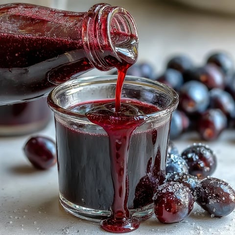 Vibrant purple Black Currant Shrub poured into a glass over ice, garnished with fresh berries and a sprig of mint.