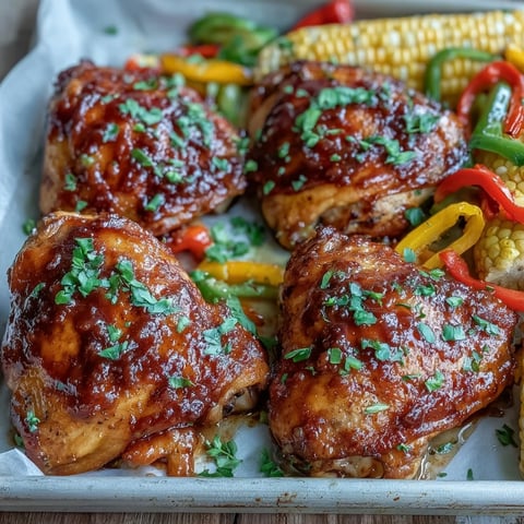 Golden-brown Sheet Pan BBQ Chicken thighs glisten with smoky barbecue sauce beside charred sweet corn on the cob and vibrant roasted peppers.