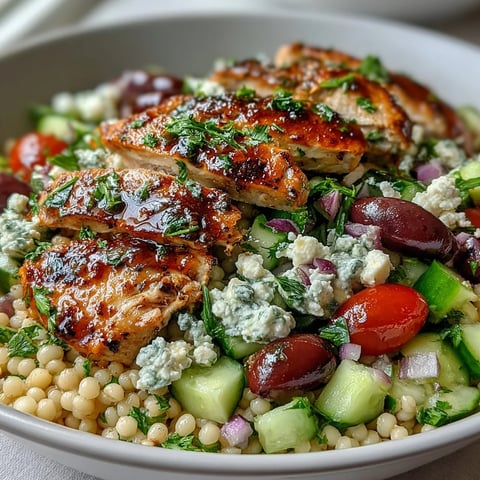 Mediterranean Pearl Couscous Chicken Bowls are topped with golden seared chicken, feta, and a zesty dressing on a white bowl.