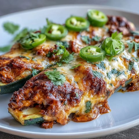 Keto Chicken Enchilada Zucchini Boats with Melted Cheese - tender zucchini halves stuffed with spiced chicken and enchilada sauce, topped with gooey melted cheese.