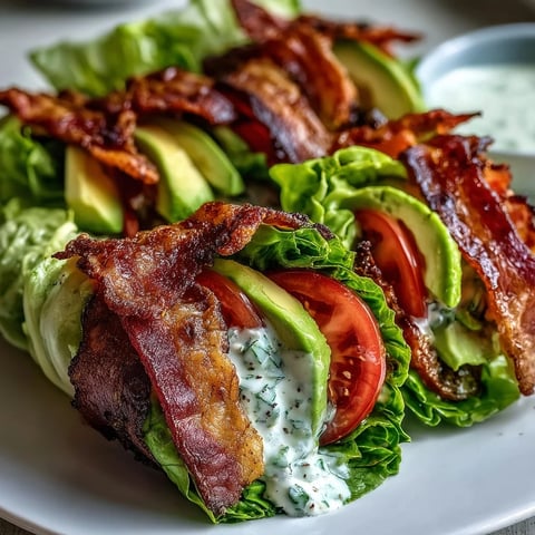 Fresh lettuce wraps filled with crispy bacon, juicy tomatoes, creamy avocado, and zesty garlic mayo, topped with cracked black pepper.