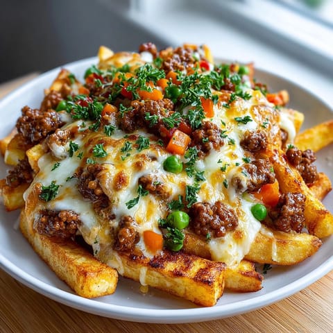 Crispy Shepherd's Pie Loaded Fries oozing cheese and savory meat sauce, a comforting bite.