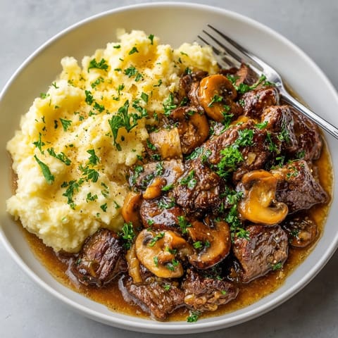 Rich and savory Beef Stroganoff recipe with creamy sauce over golden mashed potatoes.