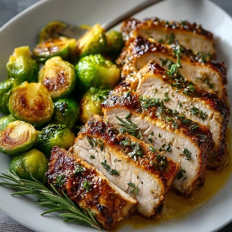 Juicy Herb-Roasted Pork Loin recipe with roasted Brussels sprouts for a comforting dinner.