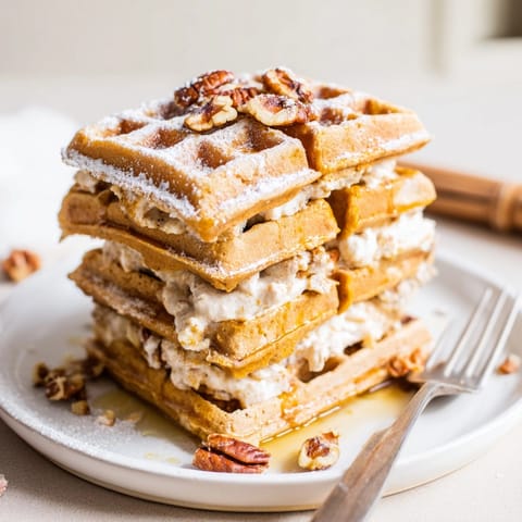 Towering Ricotta Pumpkin Waffle Stacks: ricotta cream layered between fluffy autumn deliciousness.