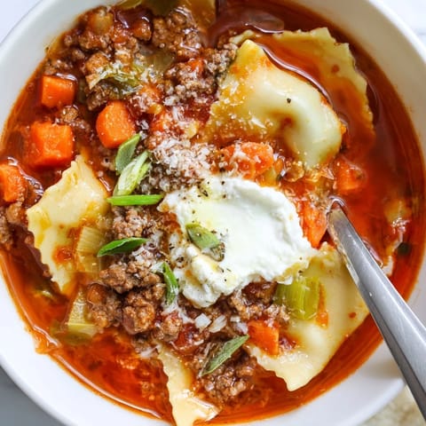 Hearty Lasagne Soup with Kimchi Crunch, infused with bold flavors and spicy crunch.  