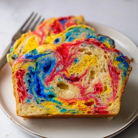 Fluffy cloud bread rainbow version, vibrant colors perfect for festive breakfast treats.  