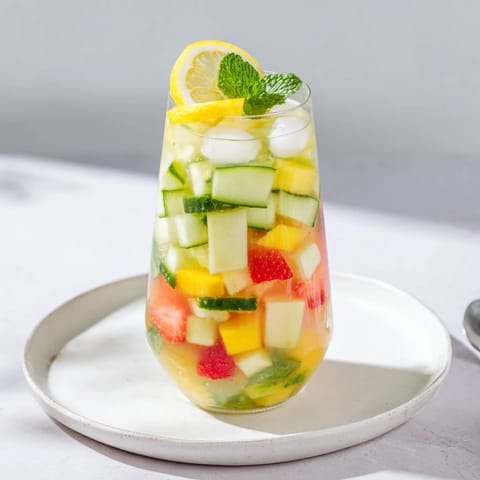 Vibrant lemon-lime flavored mocktails served over ice with herbs and fruit.  