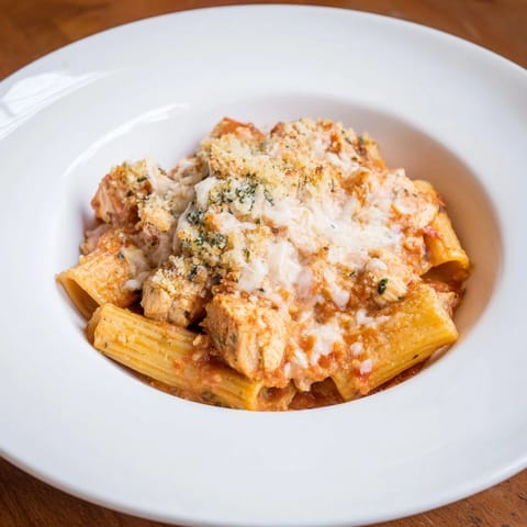 A close-up of a delicious Baked Chicken Parmesan Pasta, featuring juicy chicken and marinara.